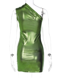 Detail of metallic apple green one-shoulder mini dress with ruching and glossy finish