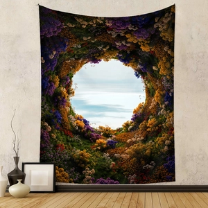 Vertical floral tunnel tapestry for wall decor hanging on a grey textured studio wall