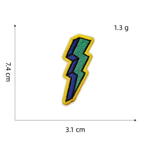 Detailed embroidery of a yellow and green lightning bolt patch with size measurements
