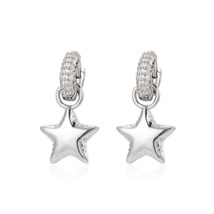 Star-shaped silver drop earrings with inlaid sparkling zircon stones and polished finish