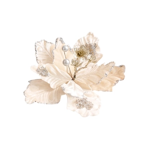 20cm cream velvet artificial Christmas flower with silver glitter and pearl center