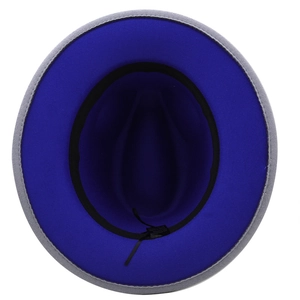 Close-up of the two-tone jazz fedora interior showing the blue lining and sweatband