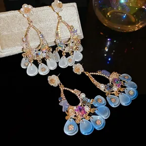 Vintage floral tassel earrings with pearls and crystals in cream and sea blue