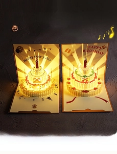 Detail of 3D pop-up birthday card with LED lights and music showing laser-cut cake