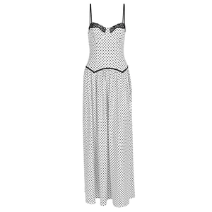 Elegant white polka dot maxi dress with lace trim and black spaghetti straps for women