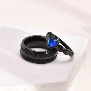 Titanium steel black ring set featuring a wide band and blue heart zircon wedding ring