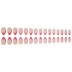 Christmas almond fake nails with red and white candy stripes and snowflake designs