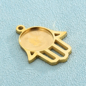 Golden Hamsa hand pendant base with round gemstone setting for DIY jewelry making