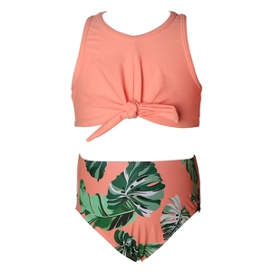 Maillot de bain deux pièces corail pour fille avec imprimé feuilles et nœud décoratif