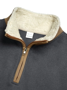 Detail of half-zip sweatshirt showing sherpa fleece lining and contrast brown trim