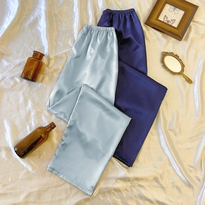 Glänzende Satin-Schlafanzughose für Damen mit weitem Bein in Hellblau und dunklem Marineblau