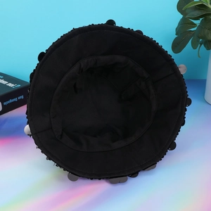Fashionable black sequin bucket hat for women with internal lining view and shiny details
