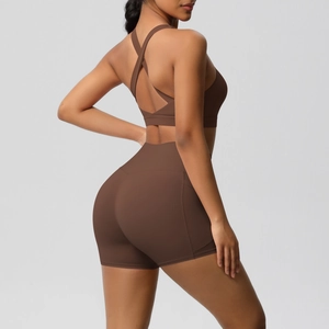 Detail view of dark coffee yoga set with racerback sports bra and high waist shorts