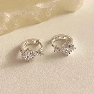 925 Sterling Silver Huggie Hoop Earrings With Square And Round Zircon Geometric Minimalist Style For Women