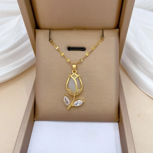 Tulip Flower Pendant Necklace Stainless Steel Chain Copper Zircon Cat Eye Stone Elegant Luxury Clavicle Jewelry For Women