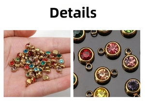 Macro shot of colorful 6mm birthstone crystals in gold stainless steel settings