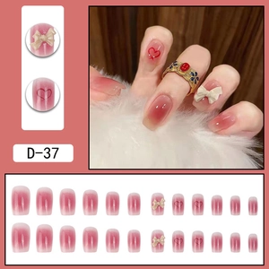 Pink gradient press-on nails with 3D white bows and red heart patterns, set of 24 pieces
