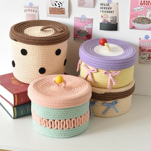 Handwoven cotton rope desktop storage basket with lid in macaron colors for home decor