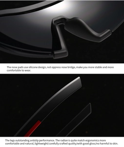 Close-up of ergonomic black and red temples and soft silicone nose pads on sunglasses