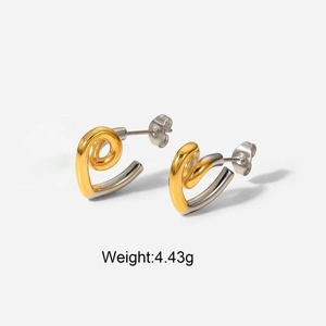 Detail showing two-tone twisted heart earrings in gold and silver steel with weight specs