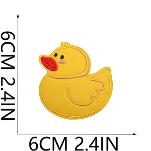 Detailed view of yellow duck embroidery patch showing 6cm x 6cm size measurements