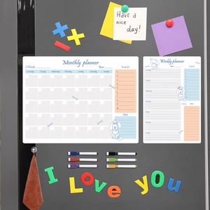 Magnetic monthly and weekly planner set for fridge with markers and eraser cloth