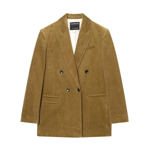 Women Corduroy Blazer Double Breasted Retro Long Sleeve Solid Color Casual Notch Lapel Jacket Office Outerwear Fall Wear