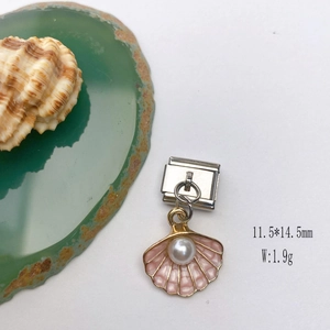 Pink enamel shell charm with faux pearl detail for DIY stainless steel bracelets
