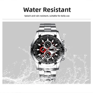 Waterproof stainless steel chronograph watch with black dial and luminous hands detail