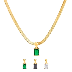 Collier chaîne serpent dorée avec pendentifs en zircon carrés verts, noirs et blancs