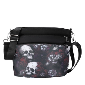 Borsa a tracolla chic in oxford nero con stampa a teschio e fiori e cinturino