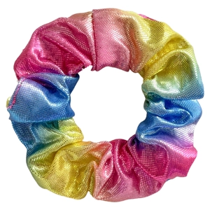 Rainbow gradient metallic scrunchie with shiny pleated texture on white background