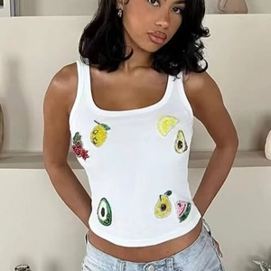 Women Fruit Sequin Embroidered Ribbed Knit Tank Top White Summer Fresh Sweet Sleeveless Slim Fit Crop Camisole