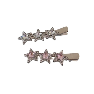 Sweet star hair clips with pink rhinestones and silver metal finish for women