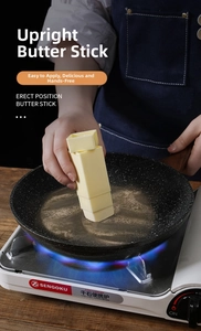 Close-up of butter spreader stick applying butter on a hot grill pan in a kitchen