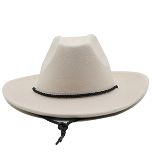 Detail of off-white wool felt cowboy hat featuring black woven band and adjustable chin strap
