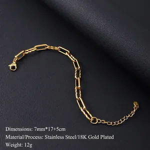 Close-up of 18K gold plated stainless steel mixed chain bracelet on black leather background
