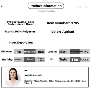 Detaillierte Größentabelle und Stoffinfo für das bestickte Spitzenkleid