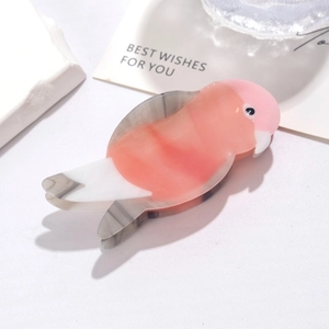 Detail view of a bird-shaped acetate hair claw clip with colorful parrot design