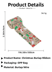 Detailed size specifications for 6cm wide Merry Christmas burlap ribbon with wire edges