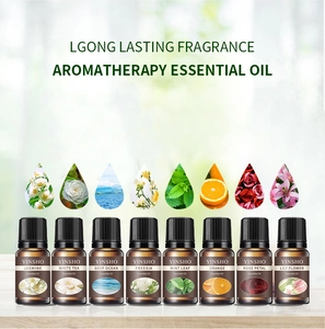 Detaillierte Sammlung von 8 ätherischen Aromatherapie-Ölflaschen auf einer Holzoberfläche