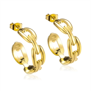 Polished gold stainless steel C-shaped chain link hoop earrings for women on white background