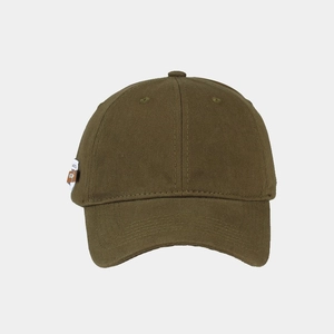 Detailed stitching on the brim of an army green canvas baseball cap with side leather label