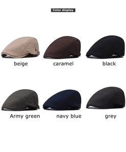 Detailed grid of newsboy caps in six colors with adjustable buckles and striped stitching