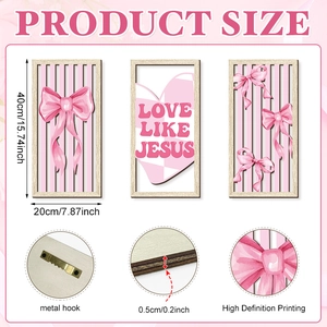 Pink bow wooden wall plaque set with Love Like Jesus text and metal hooks for room decor