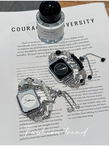 Chic lifestyle view of square dial quartz watches with elegant pearl and bead charm bands