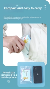 Compact disposable raincoat in pocket-sized packaging compared to a smartphone