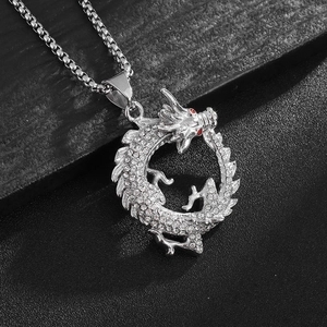 Hip hop silver dragon pendant necklace with clear crystals and red gemstone eyes