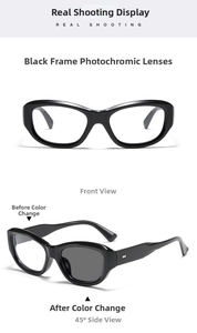 Detailed front and side views of black cat-eye photochromic glasses with anti-blue light lens
