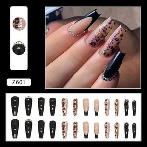French blush press-on nails with leopard print and crystal rhinestones set of 24 pieces